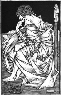 Freyr assis sur le Hlidskjalf (dans la posture du Penseur de Rodin, illustration en noir et blanc de Frederic Lawrence (&çà! ) (1906)