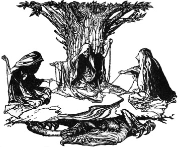 Les trois nornes filent devant un arbre, illustration d’Arthur Rackham